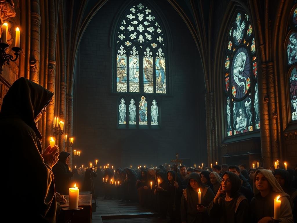 An ornate medieval church interior, dimly lit by flickering candles. In the foreground, a monk in a hooded robe kneels in prayer, casting long shadows on the intricate stone walls. In the middle ground, a crowd of peasants huddled together, their expressions a mix of fear and reverence. In the background, stained glass windows depict ghostly apparitions and mythical creatures, casting an ethereal glow throughout the space. The atmosphere is one of superstition and mysticism, as if the very air is thick with the presence of unseen spirits. An ornate medieval church interior, dimly lit by flickering candles. In the foreground, a monk in a hooded robe kneels in prayer, casting long shadows on the intricate stone walls. In the middle ground, a crowd of peasants huddled together, their expressions a mix of fear and reverence. In the background, stained glass windows depict ghostly apparitions and mythical creatures, casting an ethereal glow throughout the space. The atmosphere is one of superstition and mysticism, as if the very air is thick with the presence of unseen spirits.