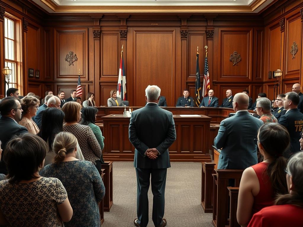 Courtroom scene, well-lit with natural light streaming through large windows. In the foreground, a group of family members and supporters standing together, their faces filled with a mix of apprehension and hope. The defendant, dressed in a formal suit, stands before the judge, hands clasped as they await the verdict. The middle ground is dominated by the imposing presence of the judge's bench, framed by the ornate wooden paneling of the courtroom. In the background, law enforcement officers stand at the ready, maintaining order and compliance. The atmosphere is one of solemn anticipation, as the fate of the defendant hangs in the balance.