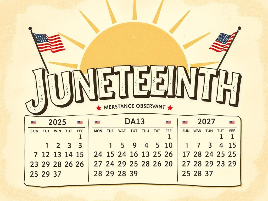 Detailed calendar illustration showcasing Juneteenth observance dates from 2025 to 2027. Set against a warm, sun-dappled background, the calendar pages are rendered in a vintage, hand-drawn style with a subtle sepia tone. The dates are prominently displayed in a classic serif typeface, complemented by stylized flags and patriotic icons. The overall composition evokes a sense of timeless tradition and national pride, capturing the essence of this important American holiday. Detailed calendar illustration showcasing Juneteenth observance dates from 2025 to 2027. Set against a warm, sun-dappled background, the calendar pages are rendered in a vintage, hand-drawn style with a subtle sepia tone. The dates are prominently displayed in a classic serif typeface, complemented by stylized flags and patriotic icons. The overall composition evokes a sense of timeless tradition and national pride, capturing the essence of this important American holiday.