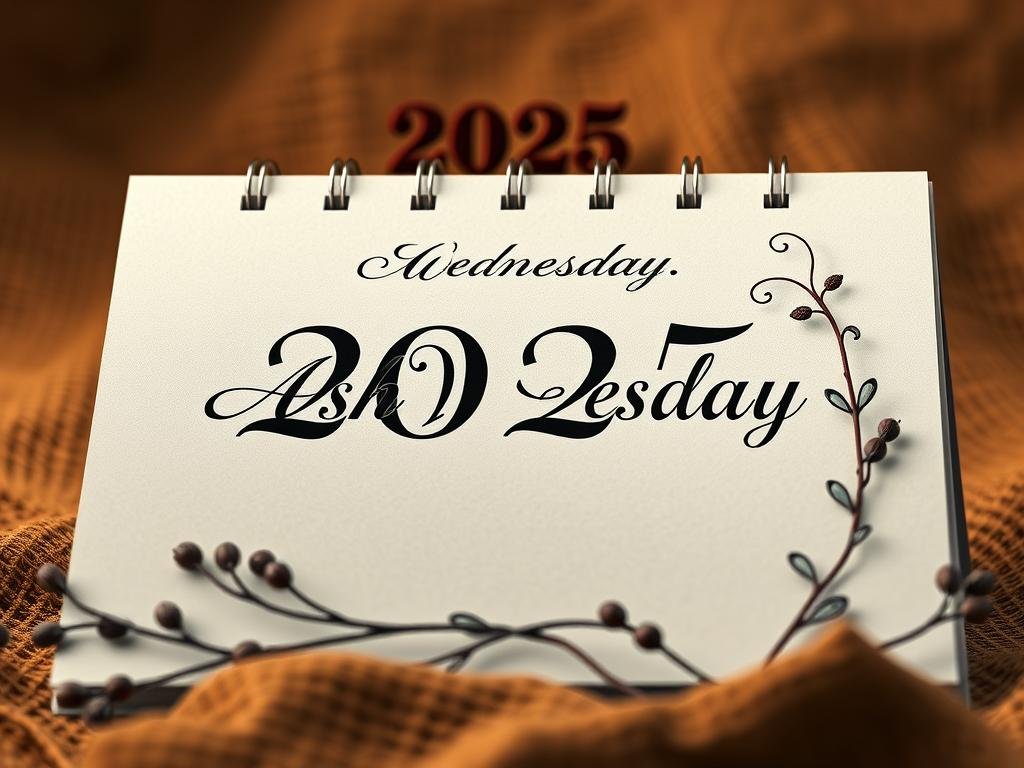 Detailed rendering of a calendar page for the year 2025, prominently displaying the date of Ash Wednesday. The calendar is set against a warm, earthy backdrop, with soft lighting illuminating the page. The date is highlighted with a refined, calligraphic font, and surrounding it are ornate decorative elements that evoke the religious significance of the occasion. The composition conveys a sense of reverence and anticipation, capturing the start of the Lenten season. Detailed rendering of a calendar page for the year 2025, prominently displaying the date of Ash Wednesday. The calendar is set against a warm, earthy backdrop, with soft lighting illuminating the page. The date is highlighted with a refined, calligraphic font, and surrounding it are ornate decorative elements that evoke the religious significance of the occasion. The composition conveys a sense of reverence and anticipation, capturing the start of the Lenten season.