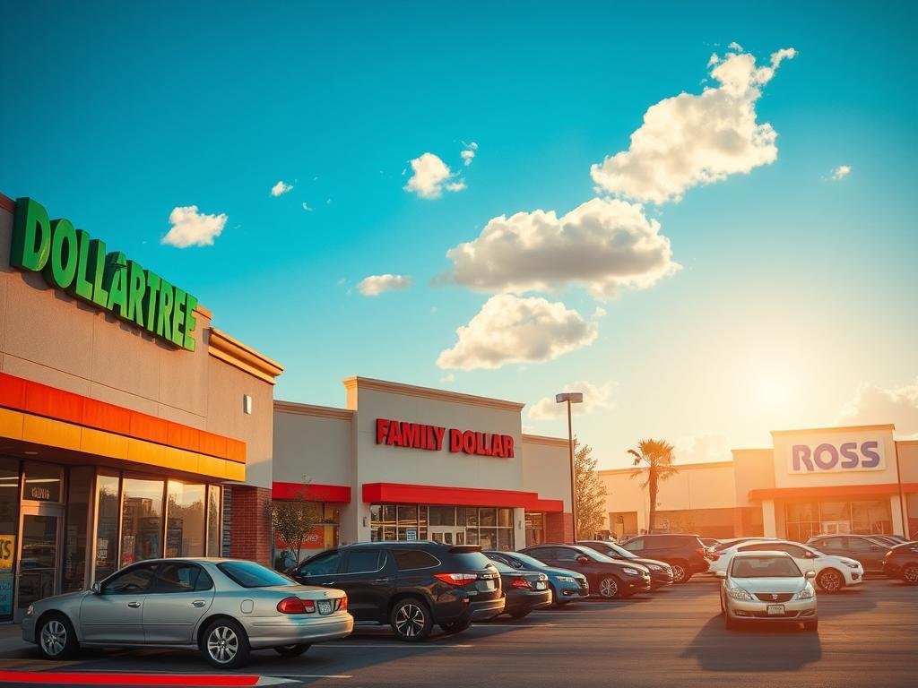Discount and dollar store Labor Day hours, captured in a warm, inviting scene. The foreground features the vibrant signage and storefront displays of a bustling Dollar Tree, Family Dollar, and Ross, their characteristic red, white, and blue logos beckoning shoppers. The middle ground showcases a busy parking lot with vehicles of various makes and models, conveying the anticipation of the holiday weekend. In the background, a clear blue sky with fluffy clouds sets the tone for a relaxed, celebratory atmosphere. Warm, golden lighting casts a welcoming glow, highlighting the stores' open hours and the special deals on offer. The overall composition suggests a sense of community, convenience, and the festive spirit of Labor Day.