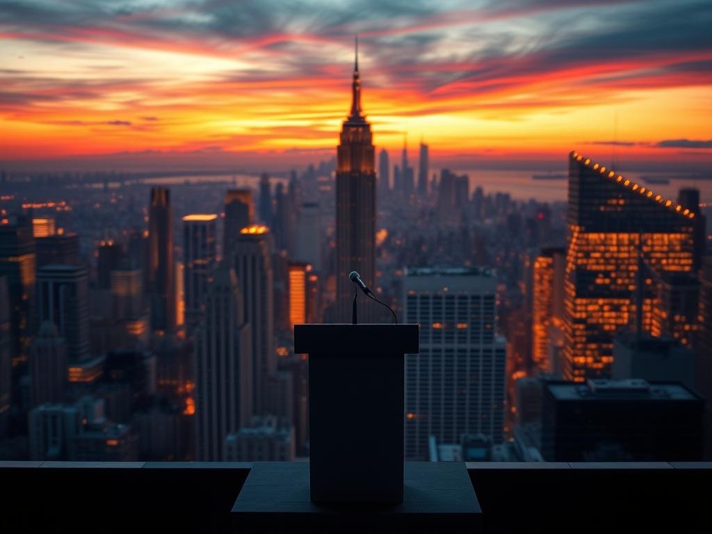 Dramatic cityscape backdrop with the New York City skyline illuminated by vibrant sunset hues. In the foreground, a podium stands against a backdrop of skyscrapers, signaling a pivotal election moment. The scene exudes a sense of anticipation and possibility, hinting at the significance of Mamdani's unexpected victory and its implications for the future of the city. Soft, warm lighting casts an ethereal glow, creating a sense of optimism and hope amidst the urban landscape. The overall composition balances the grand scale of the city with the intimate setting of the election stage, reflecting the momentous shift in New York's political landscape.
