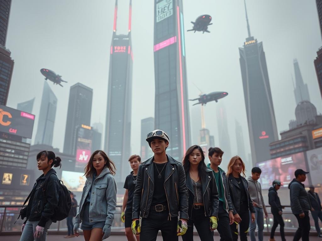 Futuristic cityscape with neon-tinged skyscrapers, holographic displays, and floating vehicles. In the foreground, a group of young adults adorned in stylish, techno-infused attire, embodying the "Gen Sigma" aesthetic. Muted colors create a sense of urban sophistication, while dynamic lighting and angular architecture convey a vision of the years to come. A subtle blend of analog and digital elements suggests a world where technology and culture converge, shaping the experiences of the next generation. Captured through a wide-angle lens with a shallow depth of field, emphasizing the scale and complexity of this imagined future landscape.