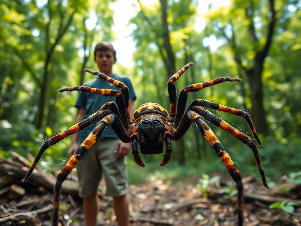 High-detailed, hyperrealistic, photographic image of a person standing in a natural outdoor setting, facing a Joro spider. The person is wearing casual clothing and a concerned expression, carefully observing the spider from a safe distance. The Joro spider is prominently displayed in the foreground, its distinctive yellow markings and large size clearly visible. The background shows a lush, verdant forest environment with sunlight filtering through the trees, creating a sense of tranquility. The lighting is natural and soft, accentuating the textures and details of the spider and the person. The camera angle is at eye-level, allowing the viewer to engage with the scene in an immersive way. The overall mood is one of caution and curiosity, inviting the viewer to consider the appropriate response to encountering a Joro spider.