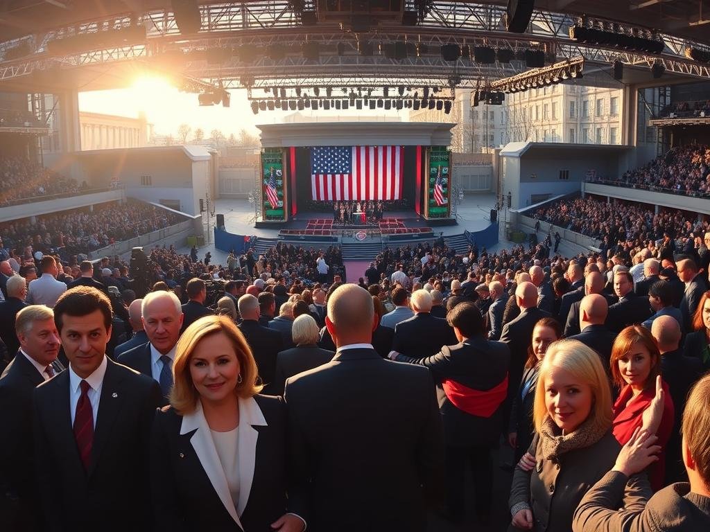 Inauguration coverage: A sweeping panorama of the NBC News inauguration broadcast team, captured in a crisp, high-resolution frame. In the foreground, a group of anchors and correspondents stand poised, their expressions conveying a sense of professionalism and gravitas. The middle ground features a dynamic array of production staff, technicians, and support crew, orchestrating the live broadcast with precision. The background showcases the grand stage and backdrop of the inauguration ceremony, bathed in warm, natural lighting that creates a sense of grandeur and significance. The overall scene exudes an air of authority, expertise, and the gravity of the historic moment being captured for the nation.