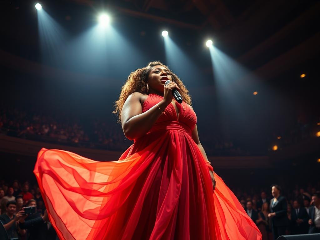 Ledisi, a renowned R&B vocalist, stands center stage, her powerful presence commanding attention. Dressed in a vibrant, flowing gown, she sings the iconic anthem "Lift Every Voice and Sing" against a backdrop of a dimly lit, grand concert hall. The spotlight illuminates her face, casting dramatic shadows that accentuate her expressive features. The audience, a blurred silhouette, is enraptured by her soulful performance, their energy palpable. The scene is captured with a cinematic, wide-angle lens, creating a sense of grandeur and emotional resonance.