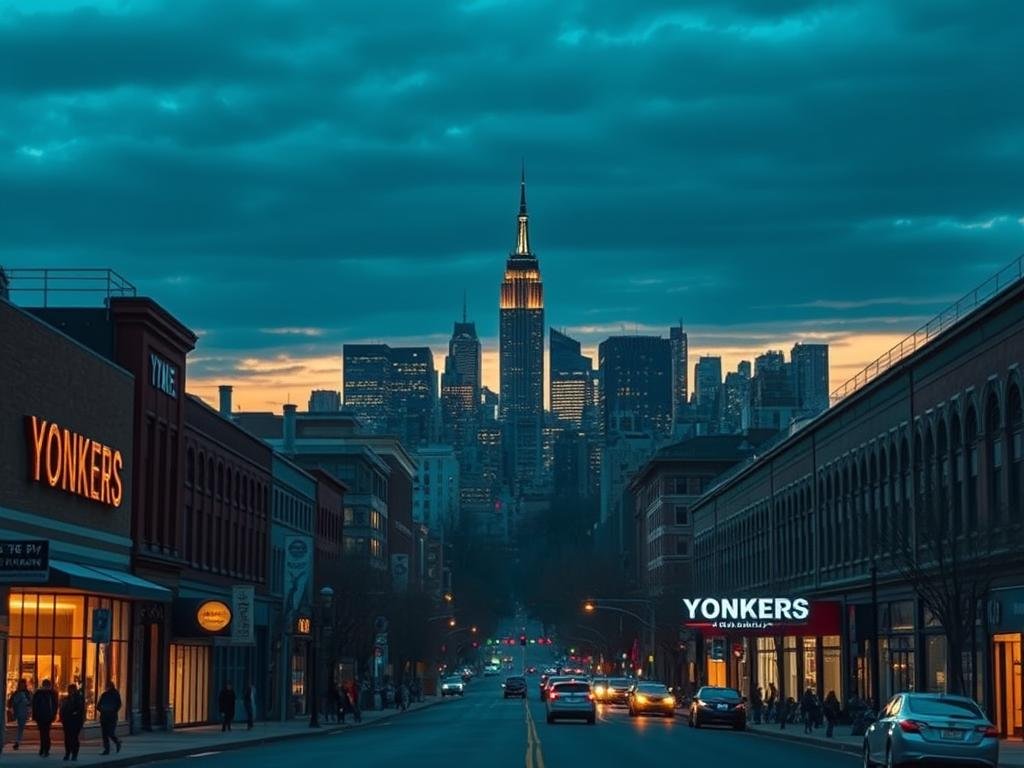 Prompt A cinematic cityscape contrasting the skylines of Yonkers and New York City. In the foreground, the bustling streets of Yonkers, with well-lit commercial buildings and pedestrians strolling peacefully. In the middle ground, a striking silhouette of the iconic Manhattan skyline, its towering skyscrapers piercing the night sky. The background is a moody, dramatic sky, with a subtle gradient transitioning from inky blues to warm hues, creating a sense of tranquility and safety in Yonkers juxtaposed with the dynamic, high-intensity energy of the Big Apple. Capture this visual dichotomy using a cinematic, wide-angle lens to emphasize the scale and contrast between the two cities, conveying the essence of the "Yonkers vs NYC: New York City safety ranking and what it means" narrative.