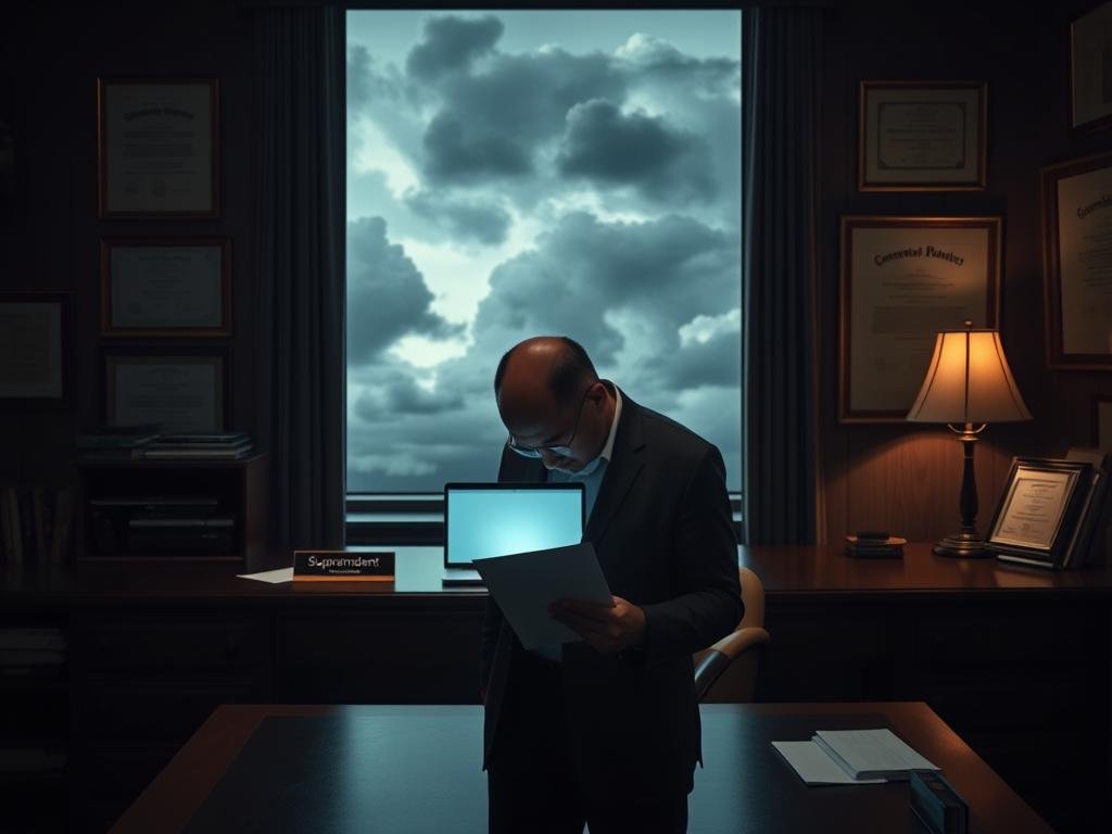 Prompt A somber administrative office with a wooden desk, a nameplate reading "Superintendent", and an open laptop casting a soft glow. Framed certificates and diplomas adorn the walls, creating an air of authority. Through the window, a dramatic sky with ominous storm clouds, symbolizing the turbulent events unfolding. The superintendent, head bowed, stands in the foreground, their resignation letter in hand, a profound sense of responsibility and regret etched on their face. Dim lighting and muted colors convey the gravity of the situation, while the stillness of the scene suggests a pause before the inevitable next step.