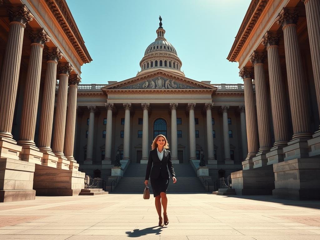 Prompt A vast, imposing government building stands in the center, its grand columns and intricate facade exuding a sense of power and authority. In the foreground, a woman in a smart, professional outfit confidently strides towards the building, her posture and expression conveying a sense of purpose and determination. In the background, the Washington DC skyline is visible, with the iconic silhouette of the US Capitol building on the horizon. The lighting is crisp and directional, casting dramatic shadows and highlighting the architectural details. The overall mood is one of serious, high-stakes political maneuvering, reflecting the complex interplay between state and federal dynamics.