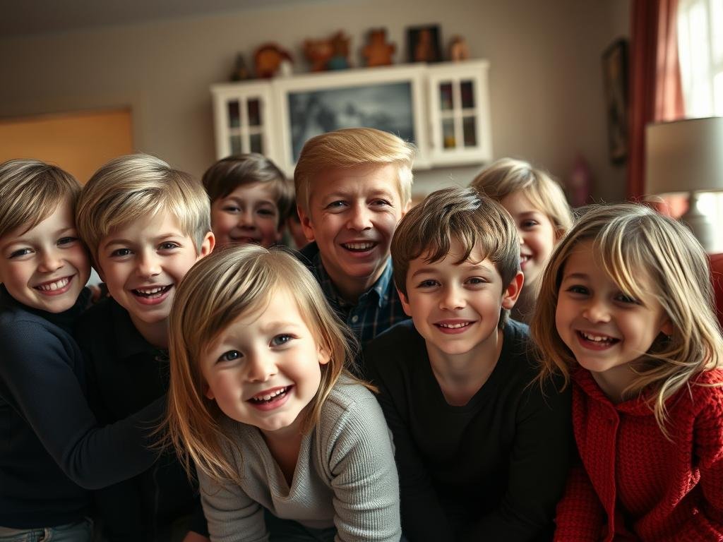 Spotlight on standout moments from the grandkids: A family portrait capturing the joyful essence of Donald Trump's grandchildren in a warm, natural light. The foreground features the grandkids gathered together, their expressions radiating happiness and energy as they engage in playful interactions. The middle ground showcases their distinct personalities, with each child's unique features and mannerisms on display. In the background, a softly blurred domestic setting evokes a sense of comfort and belonging, allowing the focus to remain on the grandchildren's vibrant presence. Captured with a wide-angle lens to encompass the full family dynamic, this image celebrates the cherished moments shared within the Trump family.