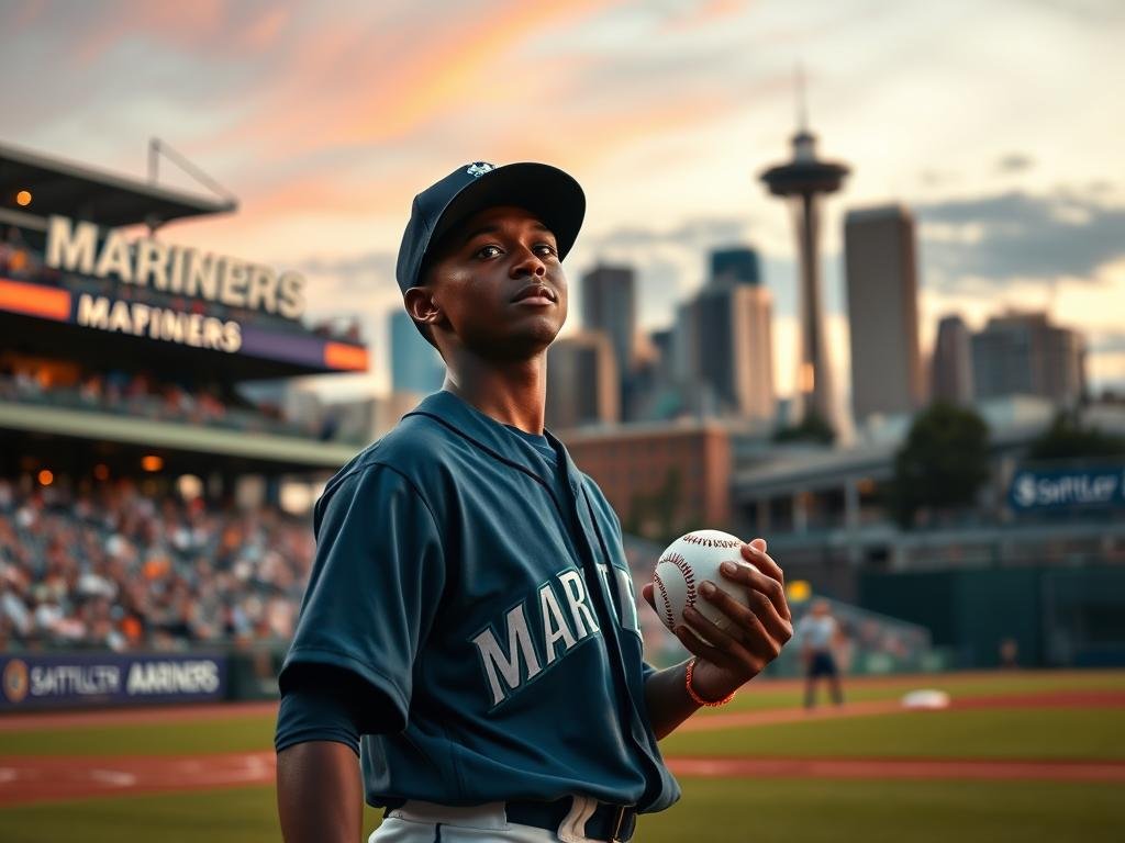 A baseball diamond in the foreground, prominently featuring a young Black male player in a Seattle Mariners uniform, holding a baseball while looking towards the stands with determination. In the middle ground, blurred stadium seats filled with fans and a banner displaying "Mariners" can be seen, evoking a sense of excitement. The background presents the iconic Seattle skyline at dusk, with soft amber and purple hues casting an inspirational glow over the city. The lighting is warm and inviting, enhancing the overall atmosphere of hope and potential. The angle of the image captures the player from a low perspective, emphasizing his stature and ambition while showcasing the vibrant energy of baseball culture in Seattle. A baseball diamond in the foreground, prominently featuring a young Black male player in a Seattle Mariners uniform, holding a baseball while looking towards the stands with determination. In the middle ground, blurred stadium seats filled with fans and a banner displaying "Mariners" can be seen, evoking a sense of excitement. The background presents the iconic Seattle skyline at dusk, with soft amber and purple hues casting an inspirational glow over the city. The lighting is warm and inviting, enhancing the overall atmosphere of hope and potential. The angle of the image captures the player from a low perspective, emphasizing his stature and ambition while showcasing the vibrant energy of baseball culture in Seattle.