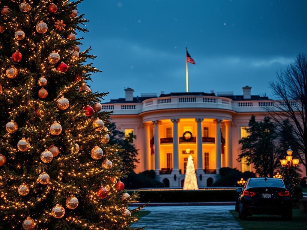 A beautifully decorated White House during Christmas time, featuring a majestic Michigan Christmas tree in the foreground, adorned with sparkling lights and shiny ornaments. In the middle ground, the iconic White House is festively draped in garlands and wreaths, with windows glowing warmly against a twilight sky. Flurries of snow lightly fall around the scene, enhancing the magical atmosphere. Soft golden lights illuminate the tree and the facade of the White House, creating a warm, inviting ambiance. The angle is slightly elevated, capturing the grandeur of the building and the tree in harmonious balance. The mood is joyful and festive, encapsulating the spirit of the holiday season in a historical and elegant setting.