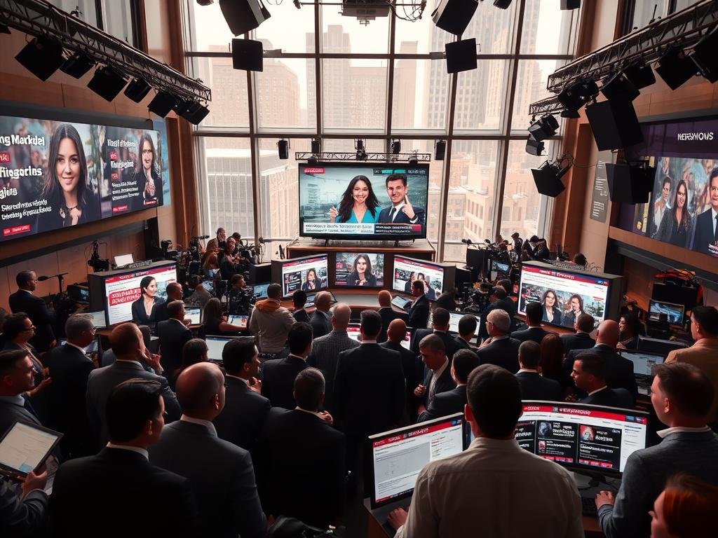 A bustling newsroom filled with journalists and media personnel, capturing the intense focus on the story of Meghan Markle. In the foreground, a diverse group of professionals in business attire huddles around screens displaying trending keywords related to the controversy. The middle ground features vibrant digital displays showing social media posts and news articles, visually representing public reactions. The background contains large windows with city views, allowing natural light to pour in, creating a dynamic atmosphere. The overall mood is tense yet focused, reflecting the urgency and excitement of breaking news. The scene is framed with a slightly angled perspective to emphasize the journalism environment, using a warm, inviting color palette to balance the intensity of the situation.