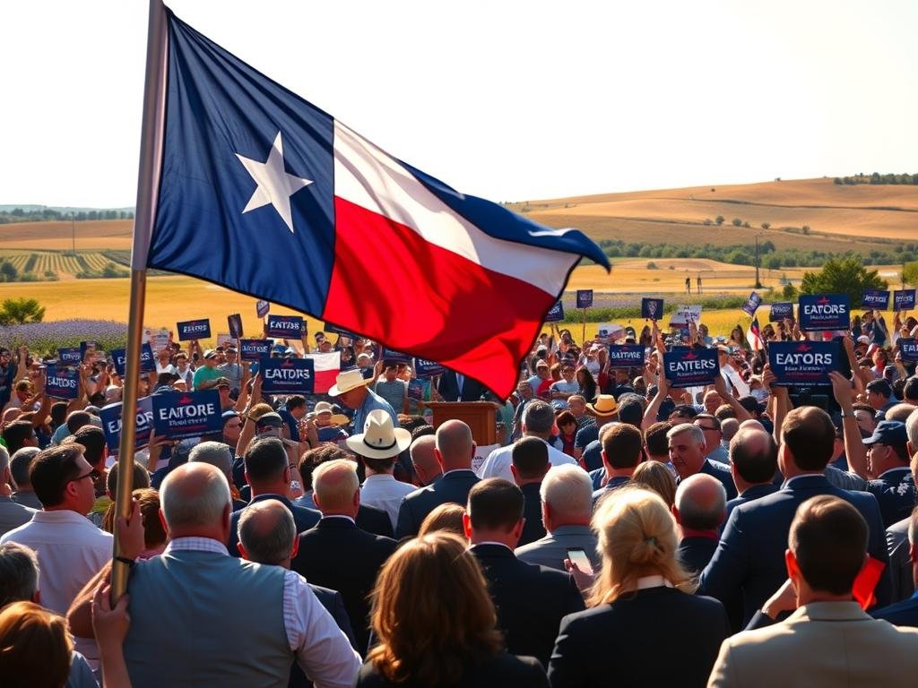 A bustling political rally scene in Texas’ 28th District, focusing on a diverse crowd of engaged voters. In the foreground, a Texas flag waves proudly, with attendees wearing professional business attire holding signs in support of local candidates. The middle ground features a central podium with a silhouette of a speaker, emphasizing the energy of the gathering. In the background, iconic elements of the Texas landscape, such as bluebonnets and rolling hills, frame the scene under a bright, sunny sky. The atmosphere is charged with anticipation, capturing the mood of an election. Use warm lighting to enhance the vibrancy of the colors and create a hopeful ambiance, with a slight depth of field effect to draw focus on the crowd.