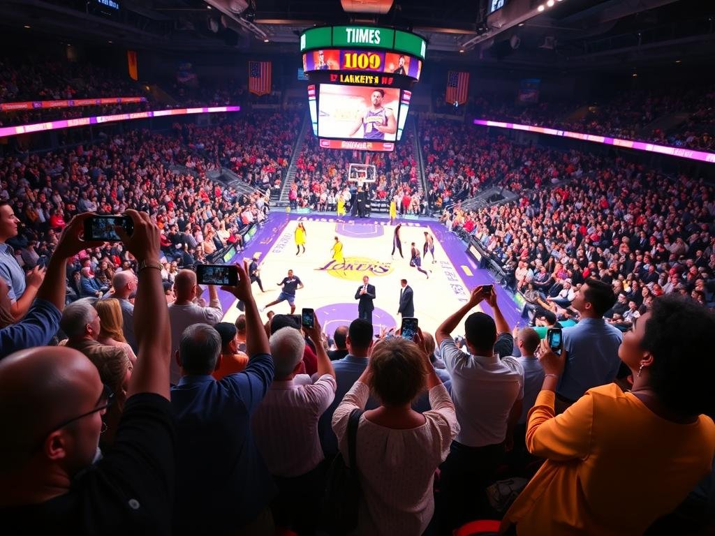 A captivating courtside scene from a Lakers–Suns basketball showdown, showcasing vibrant energy and excitement. In the foreground, a diverse group of spectators dressed in stylish casual attire, capturing photos on their smartphones. The middle ground features the iconic basketball court, players in action with dramatic poses and movement, displaying athleticism and intensity. Bright arena lights illuminate the court, creating a dynamic atmosphere. In the background, celebrities like Eddie Murphy and Austin Butler can be spotted in the VIP area, dressed sharp in tailored suits, enjoying the game with enthusiasm. An ultra-wide lens perspective captures the action from an immersive angle, while the overall mood is electric, full of anticipation and thrill, accentuated by colorful arena visuals without any text or branding in the image.