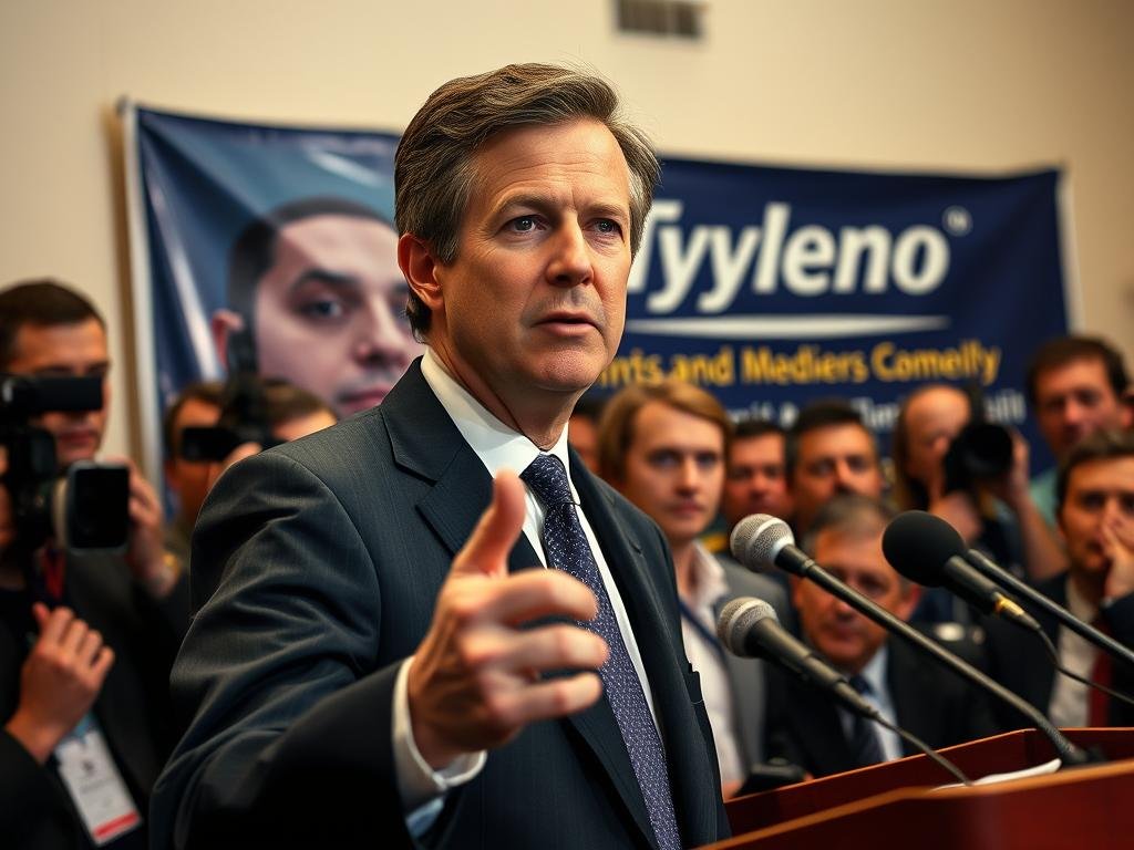 A close-up portrait of Robert F. Kennedy Jr. in a professional business suit, standing confidently at a podium during a press conference, with a focused expression. In the foreground, he gestures with one hand while holding a microphone in the other, conveying authority and engagement. The middle section features a crowd of attentive journalists, with cameras and notebooks ready, capturing the moment. In the background, a banner with a subtle representation of a medical theme, hinting at Tylenol, but without explicit branding. The scene is illuminated with soft, warm lighting, creating a serious yet hopeful atmosphere, as if emphasizing the importance of his statements. The angle is slightly low to highlight his stature and focus on his words.