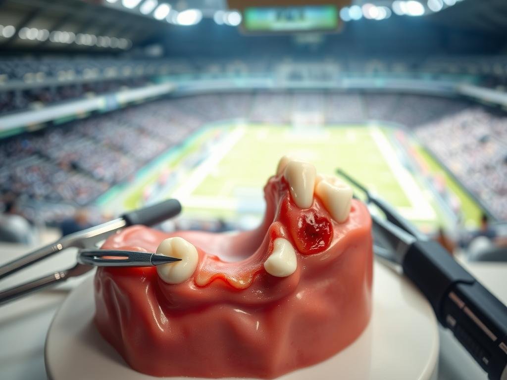 A close-up view of a dental model showcasing a severe gum injury and tooth trauma resulting from sports activity. The foreground features a detailed depiction of a dislocated tooth with swollen gums, positioned on a dental examination tray. The middle layer includes dental tools like forceps and mirrors, emphasizing the sports dentistry aspect. In the background, a blurred image of a sports arena conveys the environment where such injuries occur, with vague silhouettes of cheering fans. Bright, clinical lighting enhances the details of the gums and teeth, while a shallow depth of field directs focus on the injury. The overall atmosphere is serious and professional, reflecting the importance of dental care in sports injuries. A close-up view of a dental model showcasing a severe gum injury and tooth trauma resulting from sports activity. The foreground features a detailed depiction of a dislocated tooth with swollen gums, positioned on a dental examination tray. The middle layer includes dental tools like forceps and mirrors, emphasizing the sports dentistry aspect. In the background, a blurred image of a sports arena conveys the environment where such injuries occur, with vague silhouettes of cheering fans. Bright, clinical lighting enhances the details of the gums and teeth, while a shallow depth of field directs focus on the injury. The overall atmosphere is serious and professional, reflecting the importance of dental care in sports injuries.