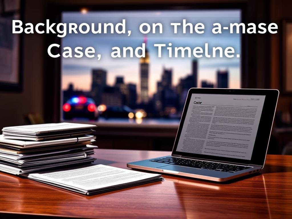 A collage-style image illustrating the theme of "Background on the Case and Timeline." In the foreground, a polished wooden desk with files and a laptop, opened to a case document about a police investigation, creating a professional atmosphere. In the middle, a blurred image of a city skyline at twilight, symbolizing New York City, with police lights subtly reflecting in the background. Soft, warm lighting casts shadows across the desk, adding a sense of intrigue. The overall mood should convey seriousness and professionalism, highlighting themes of law enforcement and justice. The composition should be framed with a slight upward angle, creating depth and drawing the viewer's attention to the details on the desk.