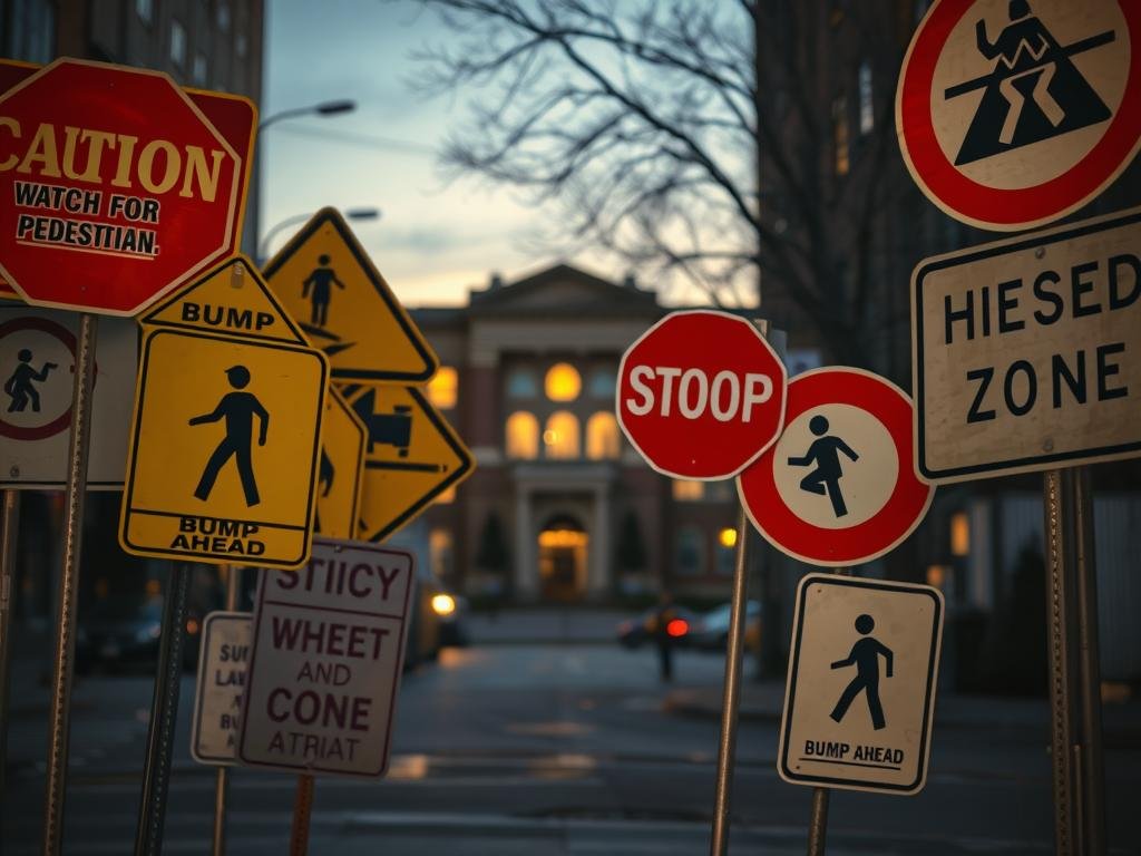 A collection of warning signs displayed prominently in an urban Minneapolis setting, focusing on themes of caution and missed opportunities. In the foreground, an array of diverse warning signs such as “Caution: Watch for Pedestrians,” “Bump Ahead,” and “School Zone” are artistically arranged, emphasizing the urgency of intervention. The middle ground features a blurred silhouette of a school building, hinting at its importance in the community. The background showcases a dimly lit urban street during twilight, casting long shadows and creating a reflective mood. Use a slight fish-eye lens effect to enhance perspective and depth. The overall atmosphere is one of contemplation and alertness, inviting viewers to ponder the implications of these warning signs in relation to community safety and support.