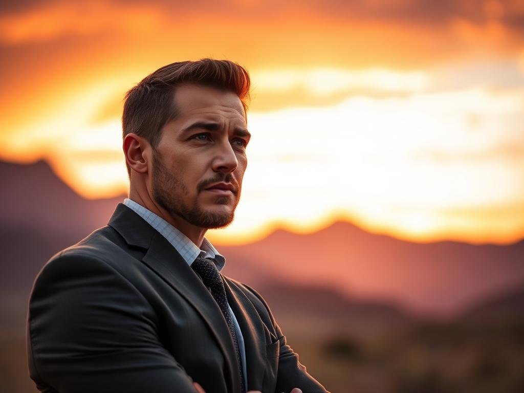 A compelling portrait of Kody Brown in a thoughtful pose, reflecting on his journey from reality television star to a determined participant in Special Forces. In the foreground, Kody is dressed in professional business attire, showcasing his thoughtful demeanor. The middle ground features a blurred silhouette of a rugged mountain range, symbolizing the challenges he's faced. The background is a dramatic sunset, casting warm orange and purple hues, enhancing the mood of introspection and resilience. The lighting highlights Kody’s contemplative expression, suggesting a blend of nostalgia and determination. Use a shallow depth of field to focus on his face, conveying the emotional weight of his journey while maintaining an inspiring and motivational atmosphere.