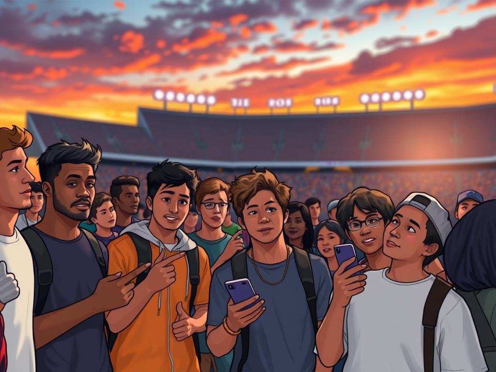 A conceptual illustration depicting a curious crowd of diverse fans, dressed in casual sports attire, gathering in an outdoor setting, intently discussing Travis Hunter's uncertain future. In the foreground, a group of fans animatedly pointing to their smartphones, showcasing rising search interest, while the middle ground features a blurred football stadium filled with empty seats, echoing the mystery surrounding Hunter's role. The background showcases a vibrant sunset sky, casting warm hues over the scene, creating a sense of anticipation. The lighting is dramatic, highlighting the expressions of curiosity on the fans' faces, emphasizing an atmosphere of speculation and excitement. The angle captures the crowd from a slightly elevated view, enhancing the sense of gathering interest in the unfolding narrative.