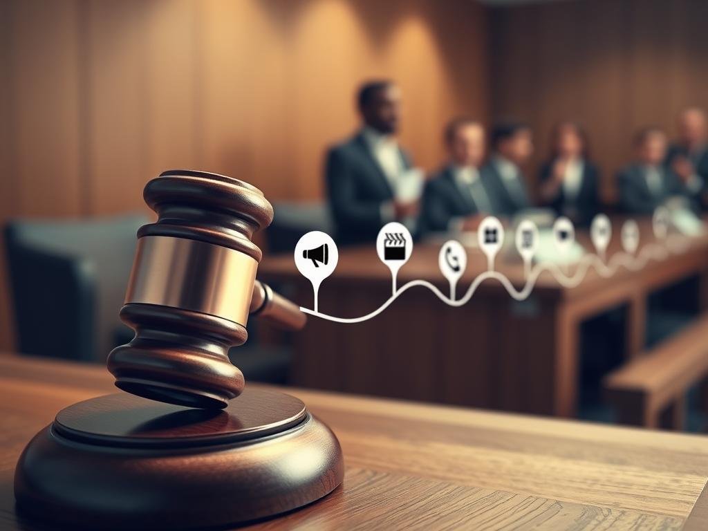 A conceptual illustration depicting a timeline illustrating the transition from alleged grooming to court hearings. In the foreground, an abstract representation of a gavel symbolizing justice, sleek and polished, embedded in a wooden judge's bench. In the middle ground, a series of markers on a flowing line, showcasing key events with icons like a megaphone for allegations, a courtroom silhouette, and a calendar page. In the background, a blurred courtroom scene with figures in professional business attire, engaged in deliberation. The scene is illuminated with soft, diffused lighting to create a serious yet contemplative atmosphere. The angle is slightly elevated to emphasize the timeline's progression, fostering a sense of gravity and importance on the issues depicted. The overall mood is reflective and serious, underscoring the impact of the subject matter.