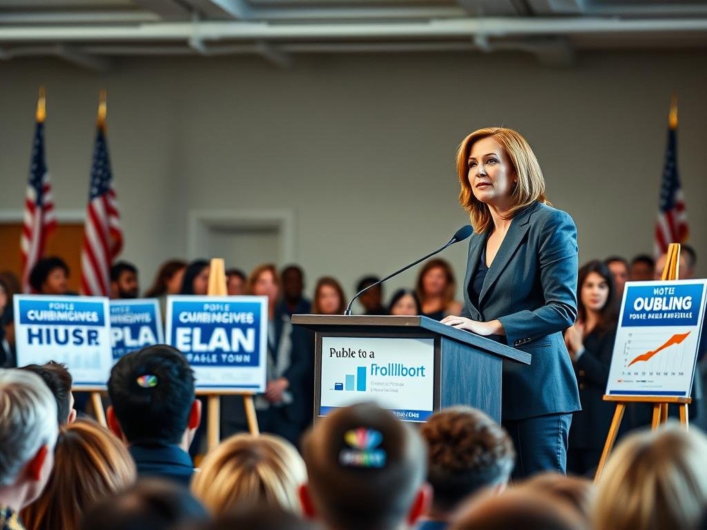 A confident female political candidate stands at a podium, discussing her ambitions for a Senate run. She is dressed in a sharp, professional business suit, with a determined expression on her face. In the foreground, a diverse group of attentive audience members leans in, engaged in the discussion. The middle ground features supportive campaign posters and polling charts displayed on easels, highlighting public interest in her potential candidacy. The background presents a well-lit modern conference hall, adorned with American flags and soft, natural lighting that enhances the hopeful atmosphere. The image captures a moment of ambition and community engagement, emphasizing the themes of political aspirations and public support for her potential Senate run.
