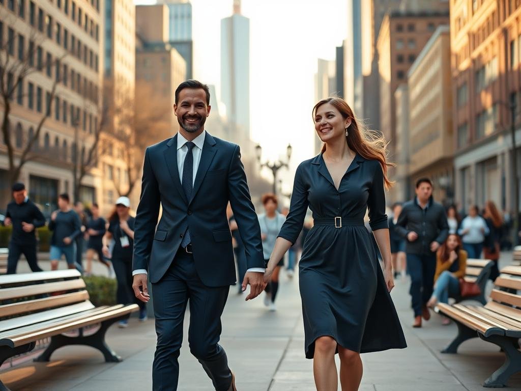 A contemporary urban scene capturing a tech CEO and their partner walking hand in hand through a bustling New York City park. In the foreground, the couple is dressed in professional business attire; the CEO wears a sleek navy suit, while their partner sports a stylish yet modest dress. The middle ground features diverse city dwellers enjoying the park—some jogging, others sitting on benches, with a soft blur to emphasize the couple. The background reveals iconic NYC architecture bathed in warm golden hour sunlight, casting soft shadows. The atmosphere is joyful and relaxed, with an air of intimacy between the couple as they share a genuine moment. The image is taken from a slightly low angle, enhancing the vibrancy of the scene and creating an inviting perspective.