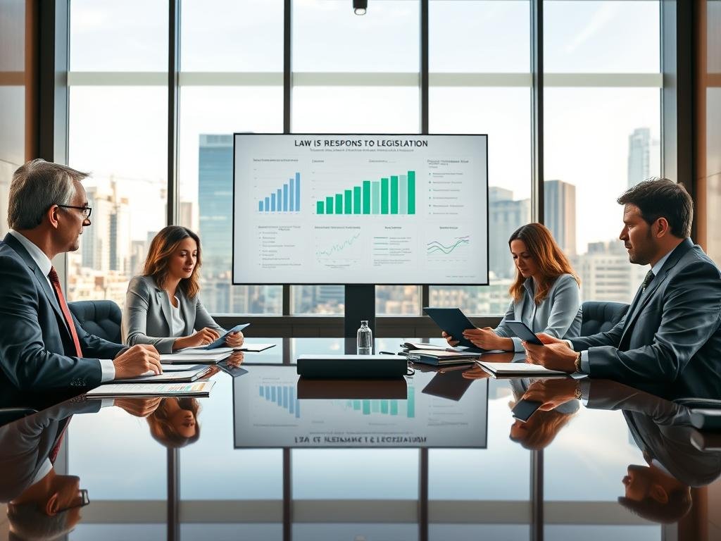 A corporate boardroom scene depicting representatives of Starbucks engaged in a formal discussion about their response to legislation. In the foreground, two well-dressed individuals, a diverse group of male and female executives, are seated around a polished conference table, examining documents and digital devices. Their expressions convey determination and professionalism. The middle ground includes a large display screen featuring charts and information related to the law, emphasizing the seriousness of the topic. The background showcases large windows with a cityscape view, illuminated by soft, natural light filtering in, adding a vibrant yet professional atmosphere. The image captures an atmosphere of collaboration and resolution, highlighting the corporate strategy in response to legal matters. The composition should be well-balanced, focusing on the human element and technological aspects of the corporate dialogue. A corporate boardroom scene depicting representatives of Starbucks engaged in a formal discussion about their response to legislation. In the foreground, two well-dressed individuals, a diverse group of male and female executives, are seated around a polished conference table, examining documents and digital devices. Their expressions convey determination and professionalism. The middle ground includes a large display screen featuring charts and information related to the law, emphasizing the seriousness of the topic. The background showcases large windows with a cityscape view, illuminated by soft, natural light filtering in, adding a vibrant yet professional atmosphere. The image captures an atmosphere of collaboration and resolution, highlighting the corporate strategy in response to legal matters. The composition should be well-balanced, focusing on the human element and technological aspects of the corporate dialogue.
