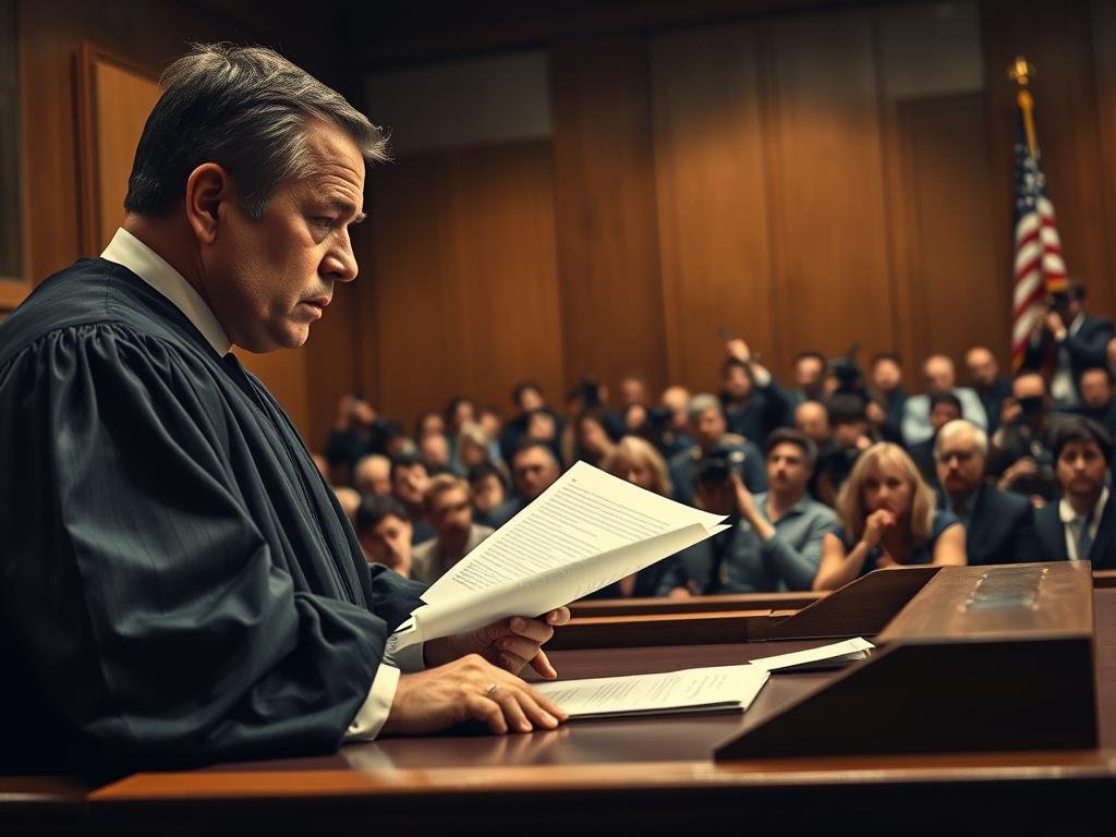 A courtroom scene depicting a judge presiding over a high-profile murder case. In the foreground, a stern judge, dressed in a black robe, is reading a legal document, emphasizing authority. In the middle ground, a packed audience of concerned citizens and journalists are observing the proceedings, their expressions a mix of intrigue and tension. The background features wooden paneling and the American flag, signifying the gravity of the legal context. Soft, dramatic lighting casts shadows, enhancing the serious mood of the scene. The angle captures the judge's desk from a slightly elevated perspective, creating an atmosphere of weighty deliberation. The image conveys the complex developments of the court proceedings without specific details of the case itself.