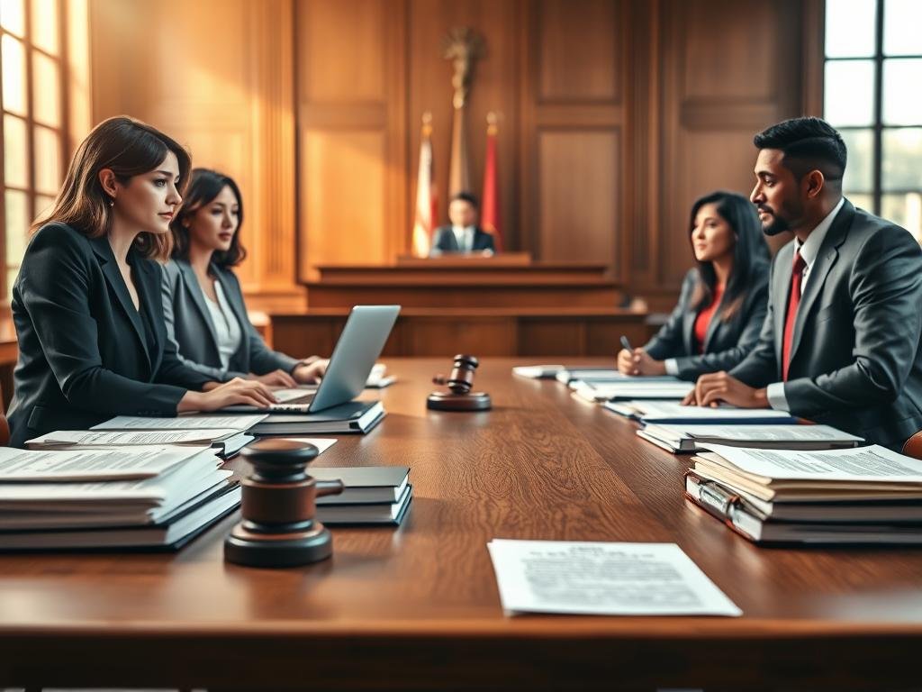 A courtroom setting featuring a large, wooden table surrounded by legal documents and files, symbolizing the deposition process. In the foreground, a diverse group of four professionals dressed in business attire—two women and two men—engaged in a serious discussion, their expressions focused and contemplative. A laptop and a stack of legal books are placed on the table. In the middle ground, a blurred backdrop of a judge's bench and a gavel, hinting at the legal atmosphere. Warm, natural lighting filters through tall windows, creating a somber yet hopeful ambiance. The overall mood should reflect anticipation and seriousness regarding the legal process. The angle is slightly overhead, offering a clear view of the discussion taking place.