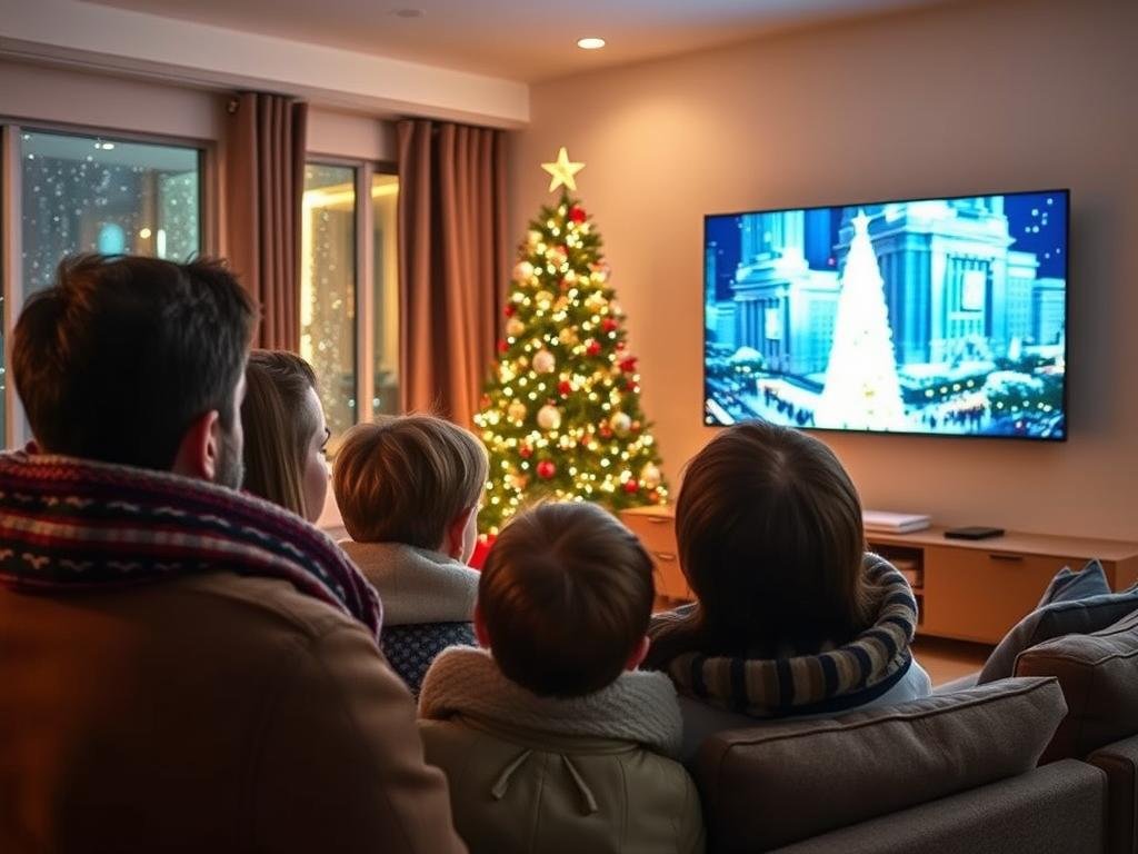 A cozy living room setting with a festive atmosphere, featuring a modern flat-screen TV showing the Rockefeller Christmas Tree lighting event. In the foreground, a family of three, dressed in stylish winter clothing, eagerly watches the screen, their faces illuminated by the warm glow of the TV. In the middle, a decorated Christmas tree adorned with twinkling lights and ornaments enhances the holiday spirit. In the background, a window reveals a snowy New York City scene, with soft flakes falling outside. The lighting is soft and warm, creating a joyful and inviting mood. The composition should focus on the excitement of viewing the event at home, with a comfortable and celebratory ambiance.