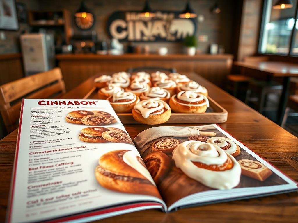 A detailed Cinnabon menu layout displayed prominently in a cozy café setting, showcasing an array of delicious cinnamon rolls topped with cream cheese frosting, and other signature items like coffee and beverages. The foreground features an open menu booklet with vivid images of the cinnamon rolls, beautifully arranged with a soft focus on their gooey textures. In the middle, a wooden table is adorned with a tray of freshly baked Cinnabons, their inviting golden-brown hue glistening under warm, inviting lighting. The background hints at a welcoming café atmosphere with rustic décor. The scene is captured in a warm aesthetic, creating a comforting mood perfect for indulging in sweet treats. The camera angle is eye-level, highlighting the enticing details of the food, while maintaining an inviting ambiance.