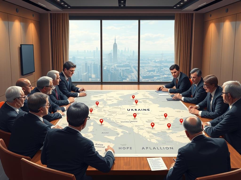 A detailed digital illustration of a strategic meeting room, featuring a large table surrounded by a diverse group of policymakers and diplomats in professional attire, intently discussing a comprehensive peace plan. The foreground should showcase a large map of Ukraine and Europe, marked with various annotations and colored pins indicating contested areas and proposals. In the middle, an animated discussion occurs, with expressions of concern and determination on the faces of participants. The background reveals a large window with a view of a city skyline, symbolizing hope for resolution. The scene is illuminated with soft, warm lighting to evoke a serious yet optimistic atmosphere, captured from a slightly elevated angle, creating a sense of importance and urgency.