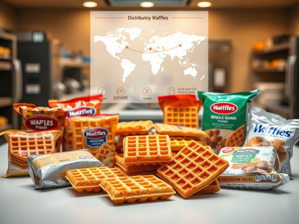 A detailed flat lay of various frozen waffle products positioned on a clean white surface. In the foreground, showcase different formats of waffles: classic, flavored, and whole grain, all neatly arranged. Include packaging with visible nutritional labels and icons that suggest their distribution across diverse markets. In the middle ground, incorporate visuals of an illustrated map or chart showing distribution networks in North America and Europe, symbolizing the reach of these products. The background should have a soft focus, suggesting a commercial kitchen setting with ambient, warm lighting to evoke a sense of safety and homeliness. The atmosphere should feel informative and professional, with an emphasis on food safety.