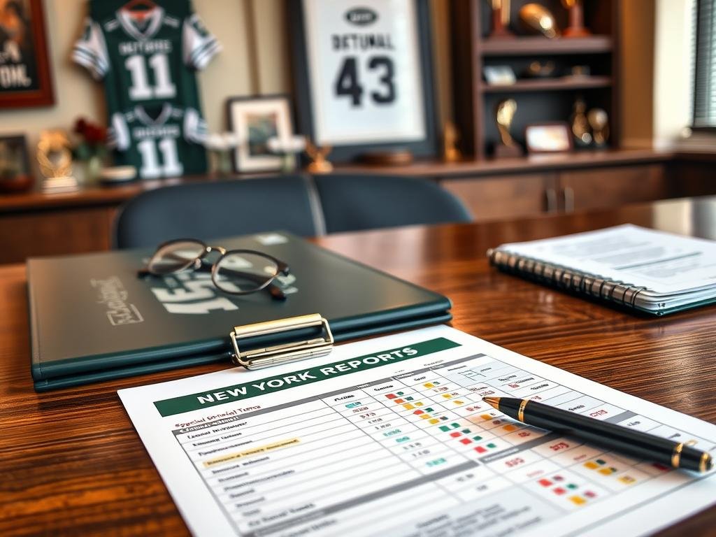 A detailed report card featuring the New York Jets, laid out on a sleek wooden desk. In the foreground, a neatly organized report card displays grades for offense, defense, and special teams, each section clearly marked with colorful graphs and illustrations. The middle ground includes a stylish football-themed binder, a pen, and a pair of reading glasses, hinting at an analytical approach. In the background, a subtle display of football memorabilia, such as framed jerseys and trophies, creates a warm and engaging atmosphere. The lighting is bright and focused, illuminating the report card while casting soft shadows, evoking a sense of professionalism and commitment to improvement. The overall mood is optimistic, reflecting on the team's performance with a sense of hope and potential.