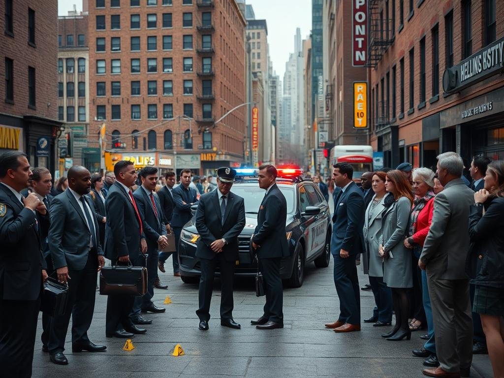 A detailed scene depicting the current status of an investigation in Manhattan's Hell's Kitchen, capturing the bustling atmosphere of the neighborhood. In the foreground, a diverse group of professionals in business attire – police officers, detectives, and forensic experts – are discussing next steps, surrounded by evidence markers and briefcases. In the middle ground, a police car with flashing lights is parked, creating a sense of urgency, while onlookers cautiously observe from a safe distance. The background features the iconic urban landscape with brick buildings and neon signs, contrasted by somber overcast weather, casting a grayish hue over the scene. The composition should be shot from a slightly elevated angle, emphasizing the complexity of the investigation while maintaining a serious and focused mood.
