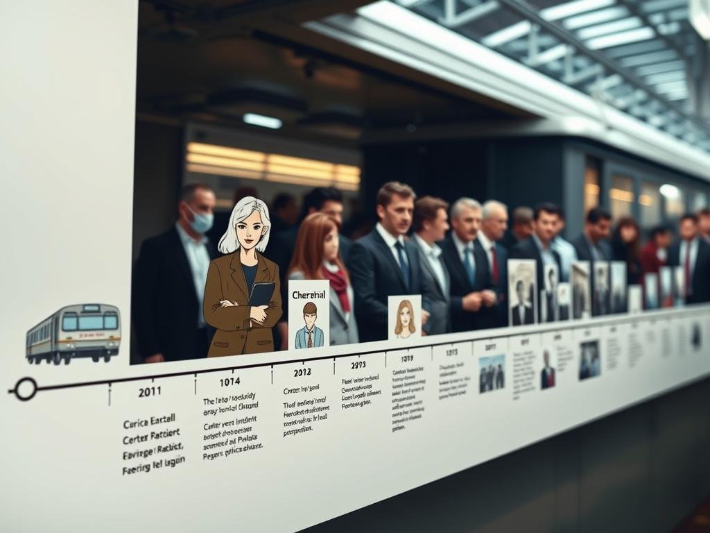 A detailed timeline visual representation depicting the "Iryna Zarutska Incident on the NC Train." In the foreground, illustrate a series of key events on a stylized timeline, each represented by distinct icons: a train, a courtroom, and a protest scene. In the middle ground, feature a diverse group of individuals in professional attire, such as a judge, a lawyer, and various passengers, engaged in discussions, with somber expressions reflecting the serious nature of the incident. In the background, include a train station with a train and blurred commuters to imply motion. Use soft, diffused lighting to create an atmosphere of tension and reflection. The perspective should be slightly elevated, capturing the entire timeline's flow and its connection to the incident.