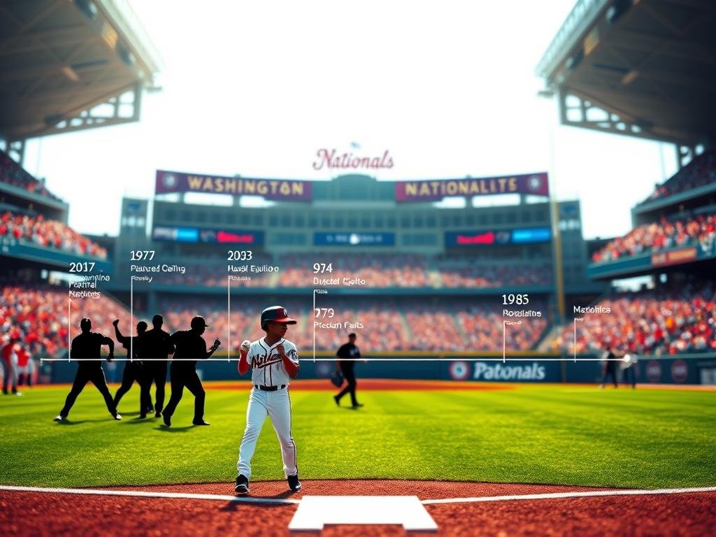 A detailed visualization of a baseball field, representing the Washington Nationals' rebuild timeline. In the foreground, an abstract graphic timeline with milestones indicating player acquisitions and trades, prominently featuring Harry Ford’s arrival, depicted as a young, aspiring player wearing a Nationals jersey and holding a baseball. The middle ground features silhouettes of players in action poses, symbolizing past and future talent. The background displays a vibrant stadium filled with cheering fans under bright, natural daylight, illuminating the excitement of a new era. The atmosphere is hopeful and energetic, with a slight depth of field effect to focus on the timeline while keeping the stadium lively yet slightly blurred. A detailed visualization of a baseball field, representing the Washington Nationals' rebuild timeline. In the foreground, an abstract graphic timeline with milestones indicating player acquisitions and trades, prominently featuring Harry Ford’s arrival, depicted as a young, aspiring player wearing a Nationals jersey and holding a baseball. The middle ground features silhouettes of players in action poses, symbolizing past and future talent. The background displays a vibrant stadium filled with cheering fans under bright, natural daylight, illuminating the excitement of a new era. The atmosphere is hopeful and energetic, with a slight depth of field effect to focus on the timeline while keeping the stadium lively yet slightly blurred.