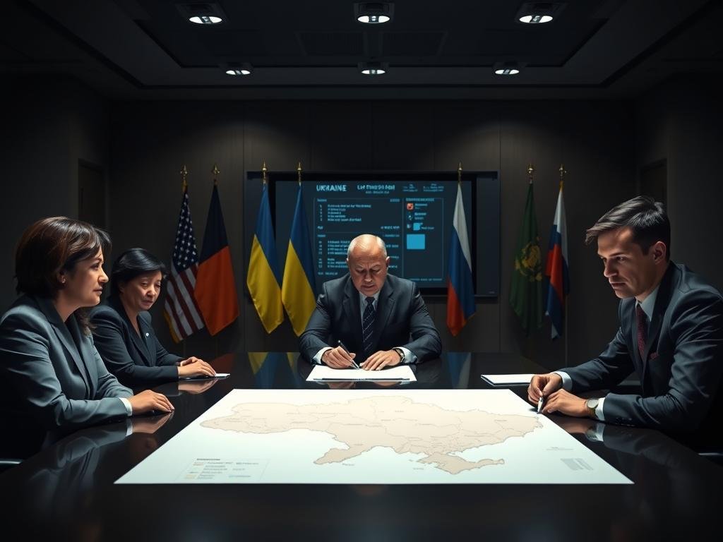 A dimly lit, modern conference room with a long rectangular table at the center, reflecting a tense atmosphere as US diplomats engage in discussions about a contested peace framework. In the foreground, three key figures: a diverse group of serious diplomats in professional business attire—one woman of Asian descent, a middle-aged man of African descent, and a young Caucasian man—are shown intently studying a large map of Ukraine and Russia, their expressions determined. In the middle ground, several flags adorn the walls representing the United States, Ukraine, and Russia, casting shadows. The background includes a large screen displaying critical data, with soft overhead lighting creating a somber mood. The overall composition suggests urgency and high-stakes negotiations.