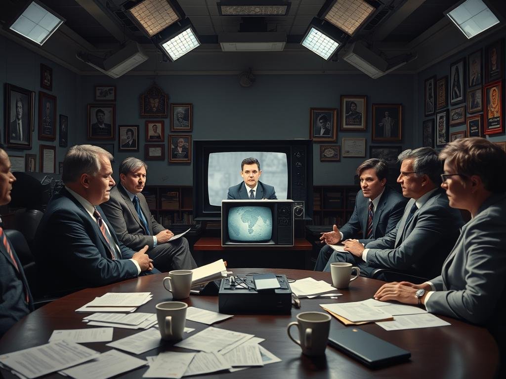 A dimly lit newsroom filled with tension, capturing the essence of controversies and professional challenges in the media industry. In the foreground, a diverse group of six professionals in business attire are engaged in a serious discussion around a large round table, their expressions conveying concern and determination. The middle ground features a vintage television set broadcasting a news anchor with a somber look, surrounded by scattered papers and coffee cups, symbolizing the chaotic environment. The background showcases a wall adorned with framed awards and photographs of past news events, adding contrast to the present challenges. Soft overhead lighting casts dramatic shadows, enhancing the mood of uncertainty and resilience. The angle is slightly tilted, creating a sense of urgency and instability.