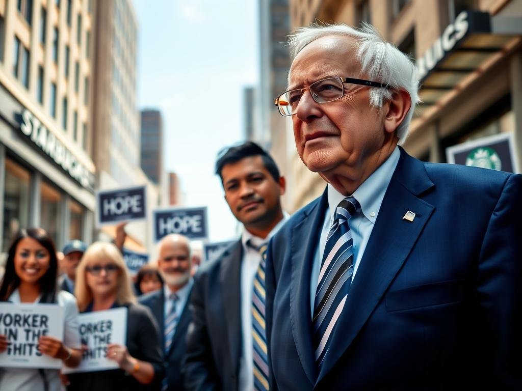 A distinguished portrait of Bernie Sanders, a short-haired older man with glasses and a thoughtful expression, dressed in a professional blue suit with a white shirt and a striped tie. In the foreground, he stands confidently, gesturing with one hand, symbolizing his advocacy for workers' rights and social justice. The middle ground features a diverse group of supporters, including men and women of various ethnicities, dressed in business casual attire, holding signs that emphasize unity and solidarity. The background showcases a bustling urban environment, with Starbucks signage subtly visible, under a bright, sunny sky, highlighting hope and activism. The overall mood is uplifting and inspiring, captured with soft, natural lighting to convey a sense of optimism and community engagement. A distinguished portrait of Bernie Sanders, a short-haired older man with glasses and a thoughtful expression, dressed in a professional blue suit with a white shirt and a striped tie. In the foreground, he stands confidently, gesturing with one hand, symbolizing his advocacy for workers' rights and social justice. The middle ground features a diverse group of supporters, including men and women of various ethnicities, dressed in business casual attire, holding signs that emphasize unity and solidarity. The background showcases a bustling urban environment, with Starbucks signage subtly visible, under a bright, sunny sky, highlighting hope and activism. The overall mood is uplifting and inspiring, captured with soft, natural lighting to convey a sense of optimism and community engagement.