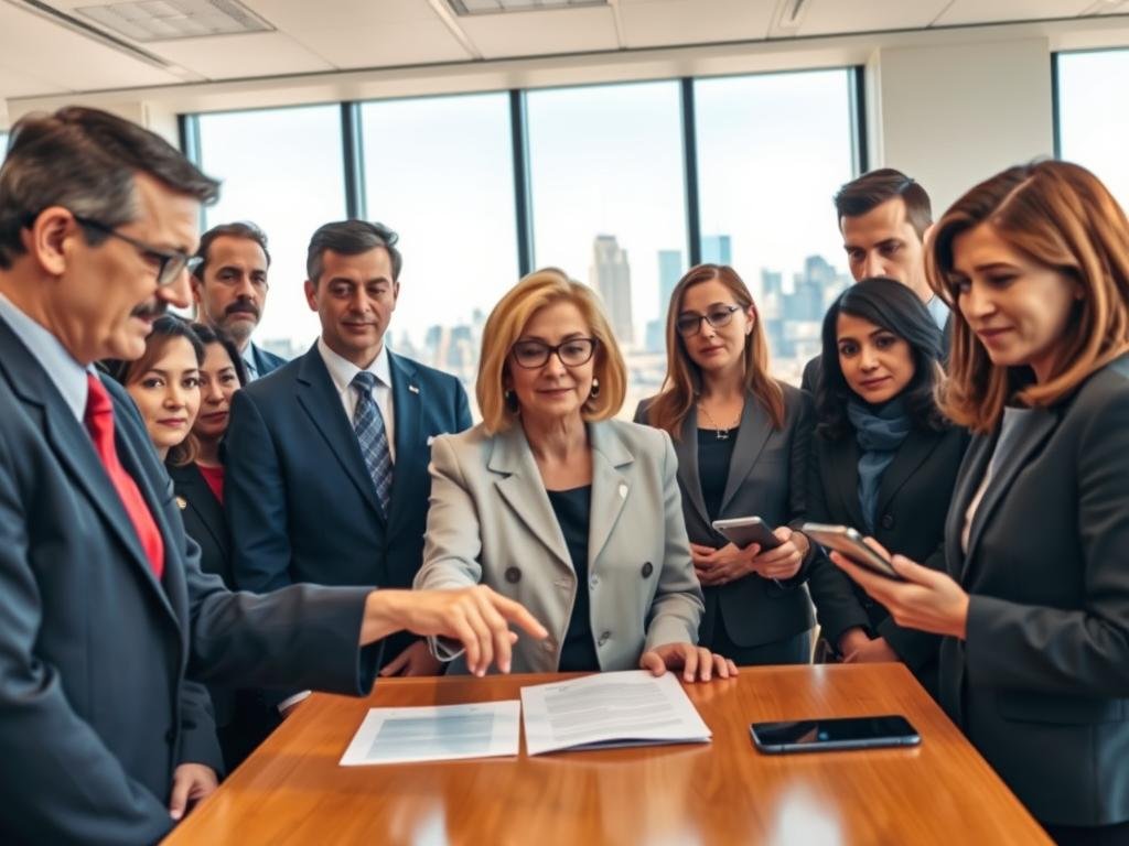 A diverse group of Assembly Democrats gathered in a well-lit conference room, standing together in a united front, wearing professional business attire. In the foreground, a middle-aged woman with glasses points towards a document on the table, emphasizing the need for action. Beside her, a young man listens intently, holding a smartphone, symbolizing modernization and technology. In the middle background, large windows reveal the New York City skyline, showcasing both urban beauty and the challenges of affording living there. The lighting is bright and diplomatic, creating a serious yet hopeful atmosphere. The overall mood reflects urgency and determination as they discuss affordability and energy reliability amidst the complex landscape of green-energy policies.