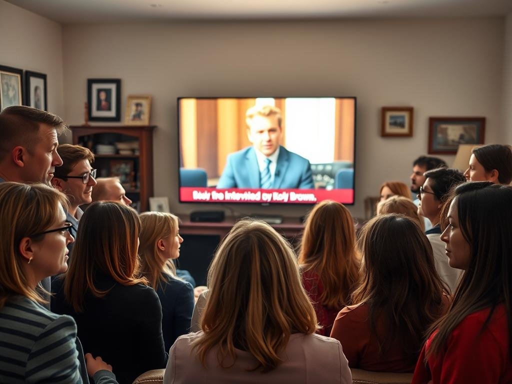 A diverse group of fans, both men and women, gathered in a cozy living room setting, expressing a mix of emotions while watching Kody Brown's interview on a large TV screen. The foreground features individuals in professional business attire and casual clothing, some with concerned expressions, while others show skepticism. In the middle, the TV screen casts a warm glow, displaying a paused moment of Kody Brown speaking with a serious demeanor. The background includes family photos and memorabilia, emphasizing a sense of shared history. Soft, ambient lighting creates an atmosphere of contemplation and scrutiny. The overall mood captures the complexity of fan reactions, reflecting themes of remorse and reevaluation. The scene is shot from a slightly elevated angle, providing a comprehensive view of their expressions and environment.