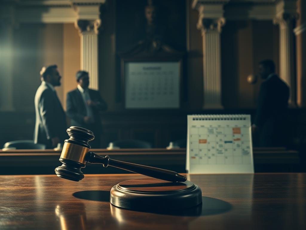 A dramatic courtroom scene layered with elements depicting a timeline of events. In the foreground, a gavel rests on a polished wooden desk, symbolizing the indictment and trial scheduling. In the middle, a large calendar is visible, with dates marked and highlighted, representing critical milestones leading up to a public figure’s sudden pardon. The background features shadowy silhouettes of legal professionals in business attire, deep in discussion, set within a grand, elegant courtroom adorned with classical architecture. Soft, focused lighting highlights the gavel and calendar, creating a serious and contemplative mood. The overall atmosphere conveys a sense of urgency and tension, emphasizing the high-stakes nature of the events unfolding.