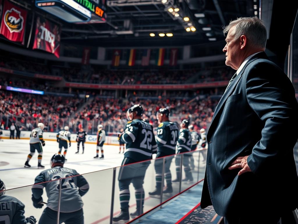 A dramatic ice hockey scene capturing a tense overtime moment. In the foreground, a coach in professional attire stands on the sideline, hands on hips, surveying the ice with an intense focus. His expression shows determination and strategy, emphasizing the weight of critical coaching decisions. The middle ground features players on the rink, showcasing a mix of shuffling pairs, one player clutching his shoulder, indicating an injury, while teammates strategize with urgency. In the background, a vibrant crowd cheers, with colorful team banners hanging from the stands, under bright arena lights that cast a focused glow on the ice. The atmosphere is charged, filled with anticipation and the thrill of competition, framed from a low angle to enhance the drama and intensity of the moment.