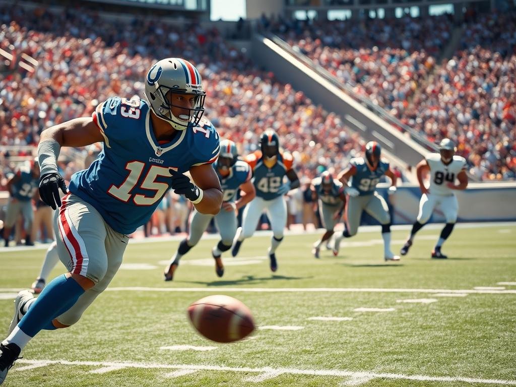 A dramatic scene capturing the "jets passing defense" concept in a football game. In the foreground, a dynamic player in a blue jersey, fiercely focused, is sprinting with the football, showcasing determination and agility. In the middle layer, defenders in contrasting colors are poised, ready to intercept, their expressions intense with concentration and competitiveness. The background features a packed stadium with fans wearing jerseys, adding to the electric atmosphere. The lighting is bright, simulating a daytime game, with sunlight casting sharp shadows on the field. The angle is slightly low, emphasizing the action and energy on the field, while a sense of urgency and tension fills the air, reflecting the competitive nature of the moment.