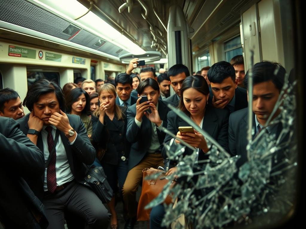 A dramatic scene depicting a crowded metro train interior, showcasing a diverse group of passengers, including individuals in professional attire, looking tense and concerned. In the foreground, a close-up of a fractured train window suggests a violent incident, with shards of glass scattered on the floor. The middle ground shows passengers reacting with fear, some shielding themselves, while others pull out their phones, searching for information. In the background, the dim lighting of the train adds to the tense atmosphere, casting shadows on the worried faces of commuters. The image conveys a sense of urgency and unease, evoking the impact of train and metro violence, with a focus on the human experience amidst a crisis.