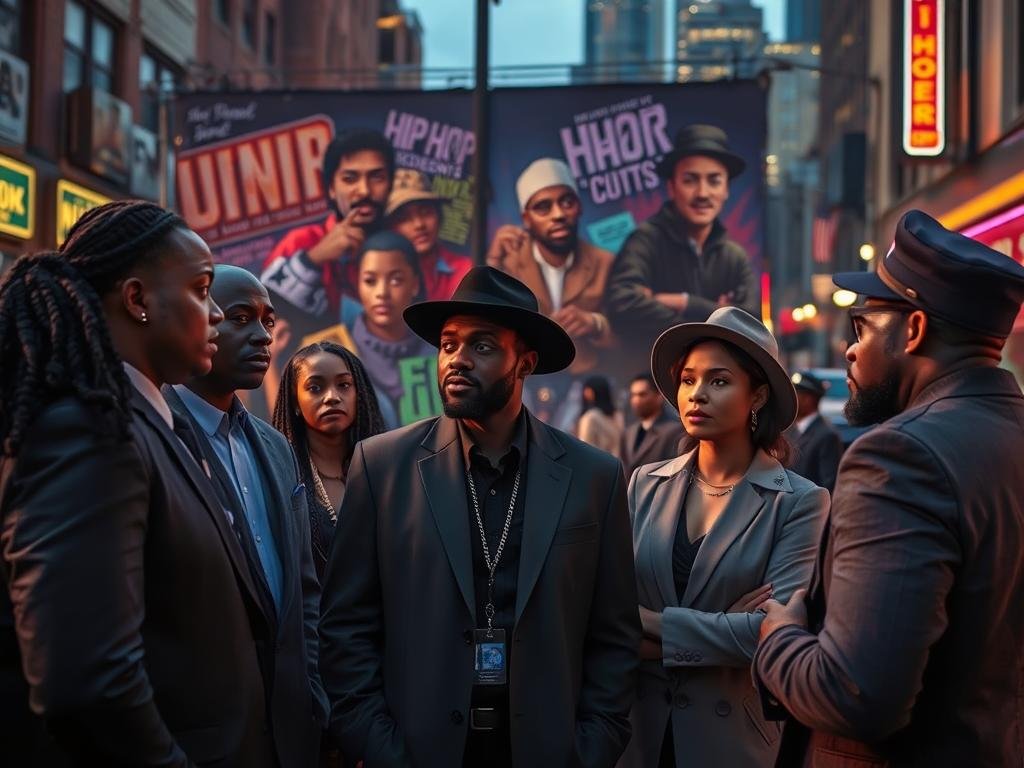A dramatic urban scene capturing the essence of hip-hop culture infused with historical context. In the foreground, a diverse group of well-dressed individuals (multi-ethnic, wearing professional casual attire) exchange serious discussions related to iconic hip-hop incidents. Their expressions reflect concern and determination. In the middle ground, a lively street mural depicts important figures and moments in hip-hop history, blending vibrant colors with poignant imagery. The background features a bustling cityscape at twilight, with neon lights reflecting the energy of hip-hop culture. Soft, ambient lighting enhances the moment, casting gentle shadows while emphasizing the mural's vivid details. The overall mood is contemplative yet energizing, symbolizing the ongoing dialogue about the influences and consequences within the hip-hop community.