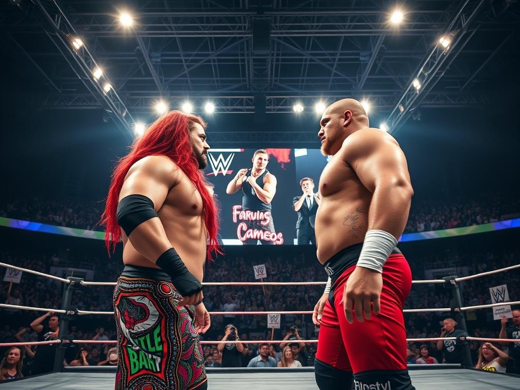 A dramatic wrestling ring bathed in bright overhead lights, capturing the intense atmosphere of a WWE rivalry. In the foreground, two wrestlers face off, showcasing their unique, colorful costumes that emphasize their larger-than-life personas. One wrestler has long red hair and a fierce expression, while the other displays a confident stance, embodying charisma and strength. Surrounding the ring, a vibrant crowd holding signs and cheering, creating a lively backdrop that enhances the sense of rivalry. In the distance, a digital screen flashes images of famous cameos in wrestling history, subtly integrated into the scene. The lighting is dynamic, casting shadows that add depth, and the angle is slightly low to give an epic perspective. The mood is electric and tense, reflecting the excitement of competition and celebrity in the wrestling world.